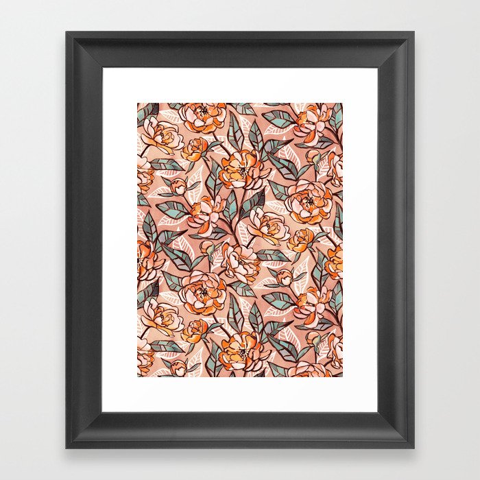 Chalk Pastel Peonies in Peach Pink Framed Art Print