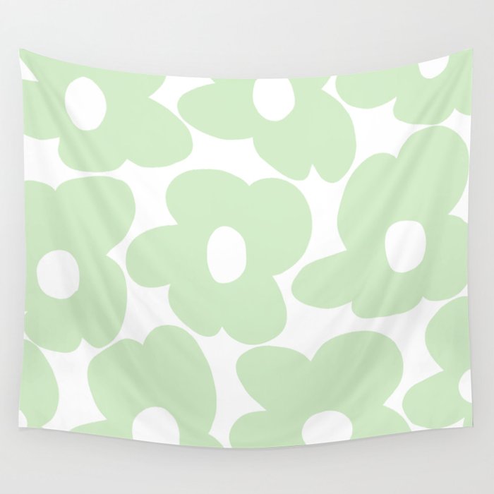 Large Baby Green Retro Flowers White Background #decor #society6 #buyart Wall Tapestry