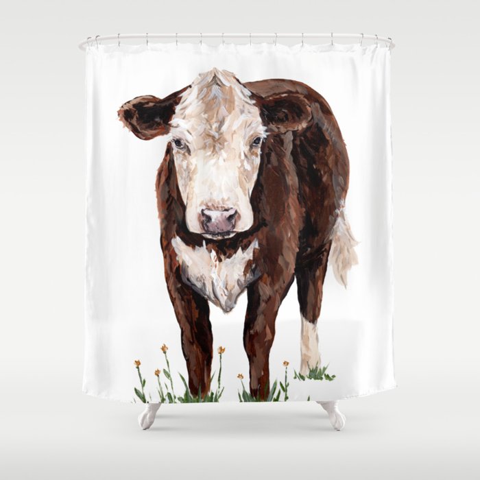 Cow Painting with Yellow Flowers Shower Curtain