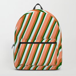 [ Thumbnail: Chocolate, Dark Green, Light Cyan & Light Salmon Colored Lined/Striped Pattern Backpack ]