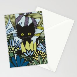 Black Cat in Blue Garden Stationery Card