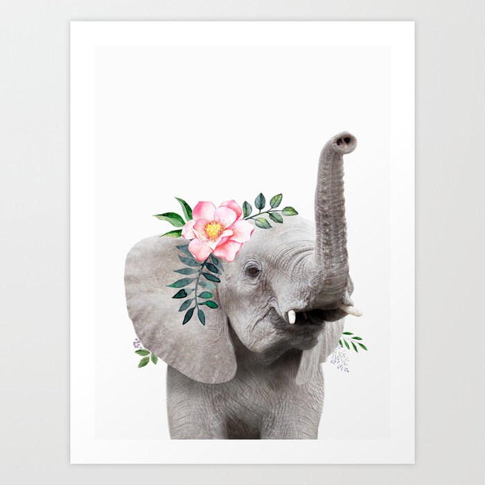 Baby Elephant With Flower Crown Art Print By