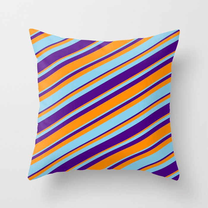 Dark Orange, Sky Blue & Indigo Colored Lined Pattern Throw Pillow
