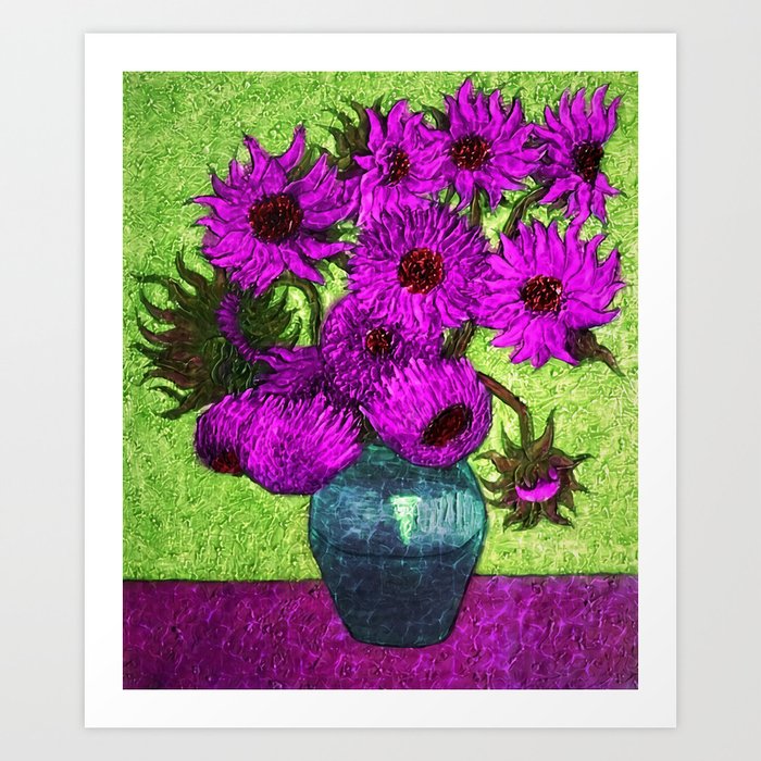 Vincent van Gogh Twelve purple sunflowers with red disk center flowers in a vase still life violet and green background portrait painting Art Print