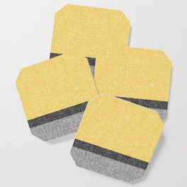 Yellow Grey and Black Section Stripe and Graphic Burlap Print Coaster