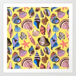 Bright Yellow Pink and Blue Beach Sea Shells Art Print