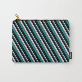[ Thumbnail: Pink, Teal, and Black Colored Lined/Striped Pattern Carry-All Pouch ]