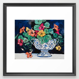 Nasturtium Bouquet in Chinoiserie Bowl on Dark Blue Floral Still Life Painting Framed Art Print