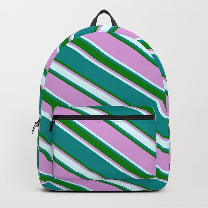 Dark Cyan, Green, Plum & Light Cyan Colored Striped Pattern Backpack