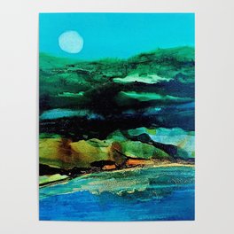 Green Mountains and Moon Alcohol Ink Poster