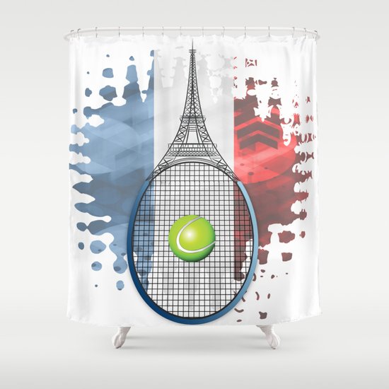 Racquet Eiffel Tower with French flag colors in background Shower Curtain