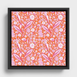 Mermaid Toile Pattern - Pink and orange Framed Canvas