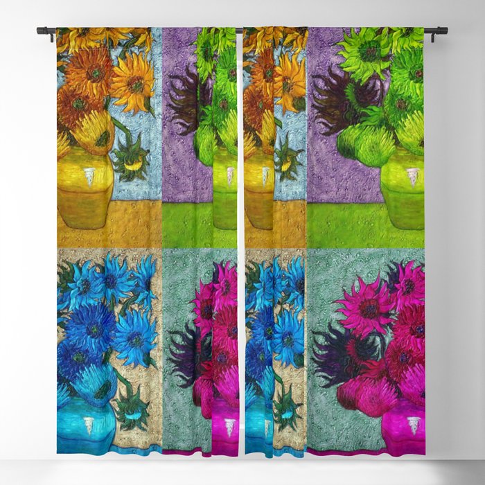 Vincent van Gogh Twelve Sunflowers in a vase still life colorful four-color collage portrait painting with pink, blue, and green sunflowers Blackout Curtain