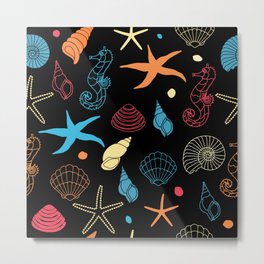 Sea Pattern Metal Print | Pattern, Sea, Yellow, Shield, Fishes, Water, Stars, Black, Ocean, Pink 