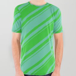 [ Thumbnail: Lime Green & Aquamarine Colored Stripes Pattern All Over Graphic Tee ]