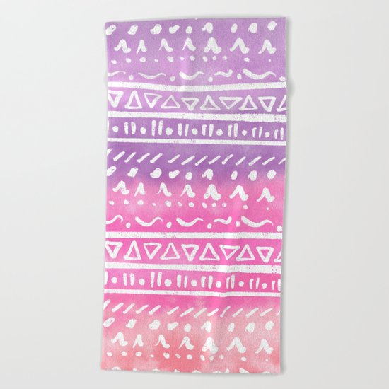 Geometric hand drawn abstract white aztec modern summer pink purple coral ombre watercolor pattern Beach Towel