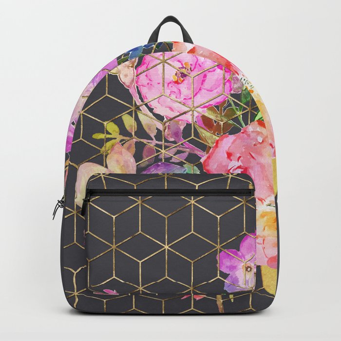 Modern watercolor floral and gold geometric cubes Backpack