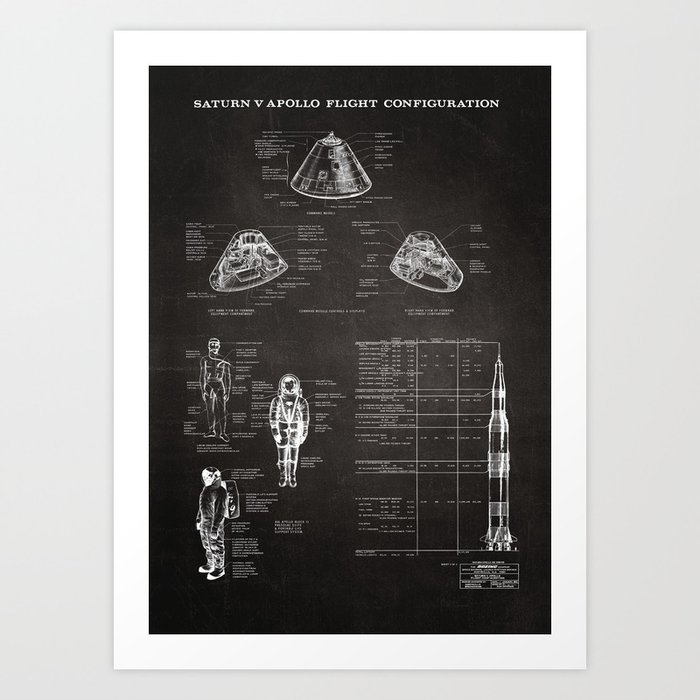 Apollo 11 Saturn V Command Module Blueprint in High Resolution (black) Art Print