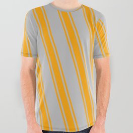 [ Thumbnail: Grey & Orange Colored Lines Pattern All Over Graphic Tee ]