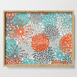 Orange and Teal Floral Abstract Print Serving Tray