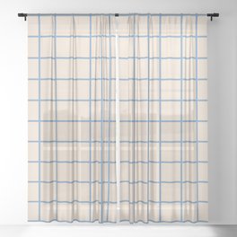 Grid Pattern Blue and Beige Sheer Curtain