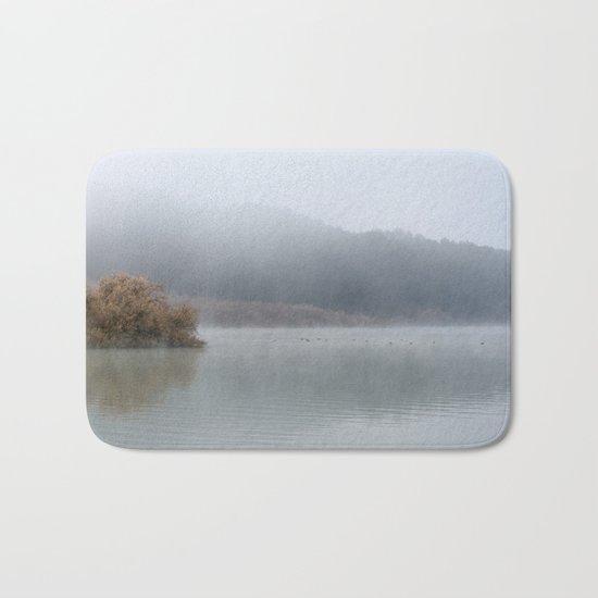 Wilderness lake. Foggy sunrise Bath Mat