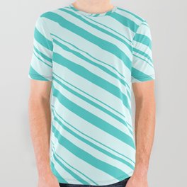[ Thumbnail: Turquoise and Light Cyan Colored Lined/Striped Pattern All Over Graphic Tee ]