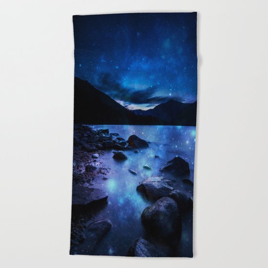 Magical Mountain Lake Dark Blue Beach Towel