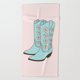 Western Vintage Floral Cowboy Boots with Daisies in Blush and Mint Blue Beach Towel