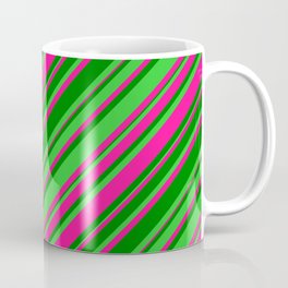 [ Thumbnail: Deep Pink, Green & Lime Green Colored Lines Pattern Coffee Mug ]
