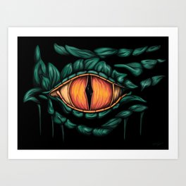 Bright orange dragon eye on black Art Print