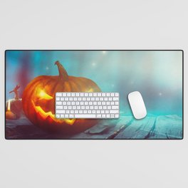 Halloween with Pumpkin and Dark Forest. Spooky Halloween Design Desk Mat