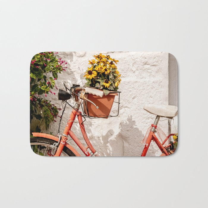 Red bicycle blooming sunflowers on Italian Streets | Travel Fine Art Photography Bath Mat