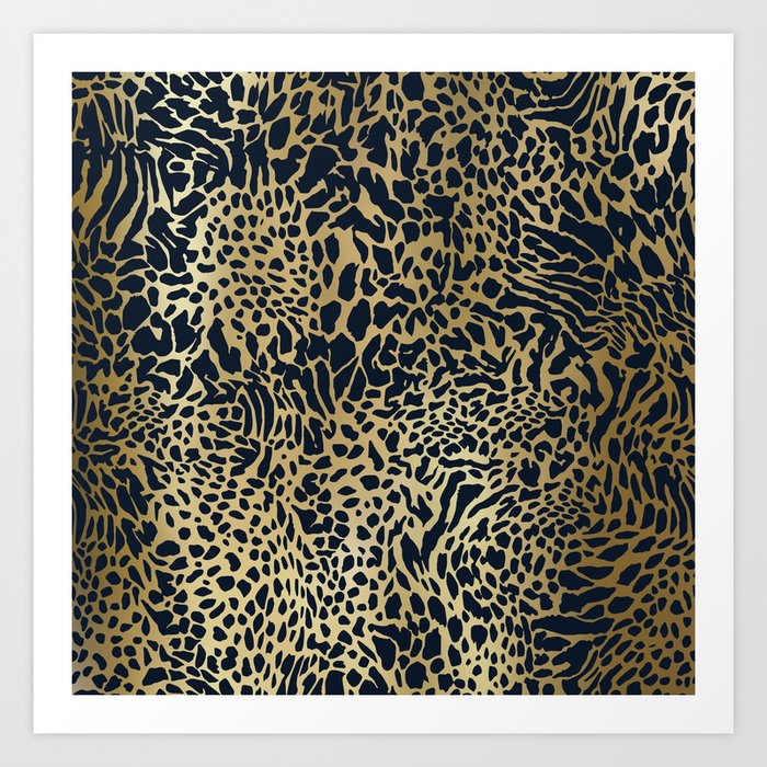 Leopard Print Pattern, Navy Blue and Gold Art Print by Megan