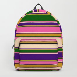 [ Thumbnail: Eyecatching Goldenrod, Dark Green, Hot Pink, Bisque & Indigo Colored Striped/Lined Pattern Backpack ]