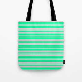 [ Thumbnail: Green and Light Gray Colored Lines/Stripes Pattern Tote Bag ]