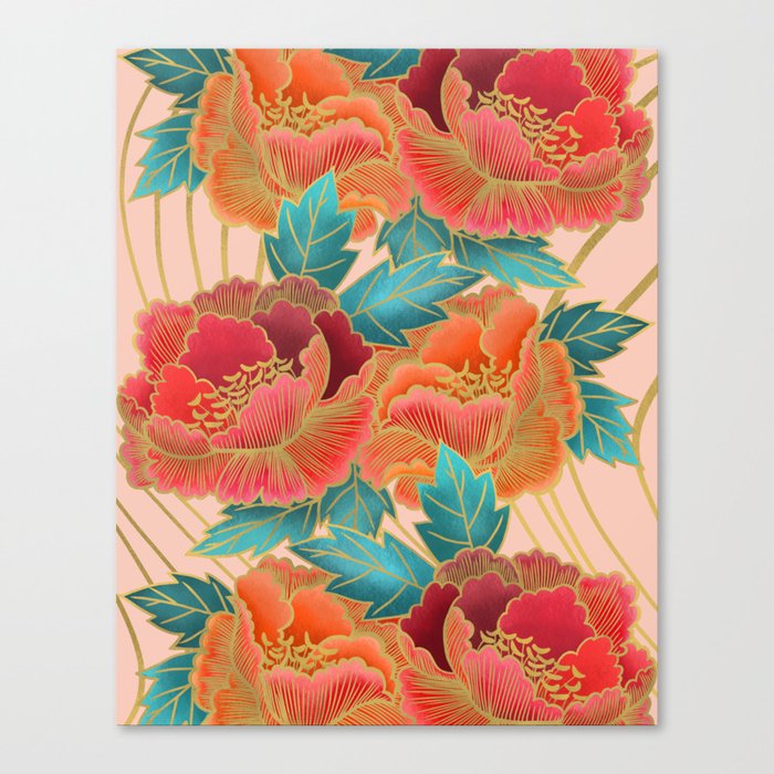 Pink Peonies Pattern with Gold Waves Canvas Print
