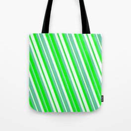 [ Thumbnail: Aquamarine, Lime & Mint Cream Colored Lines Pattern Tote Bag ]