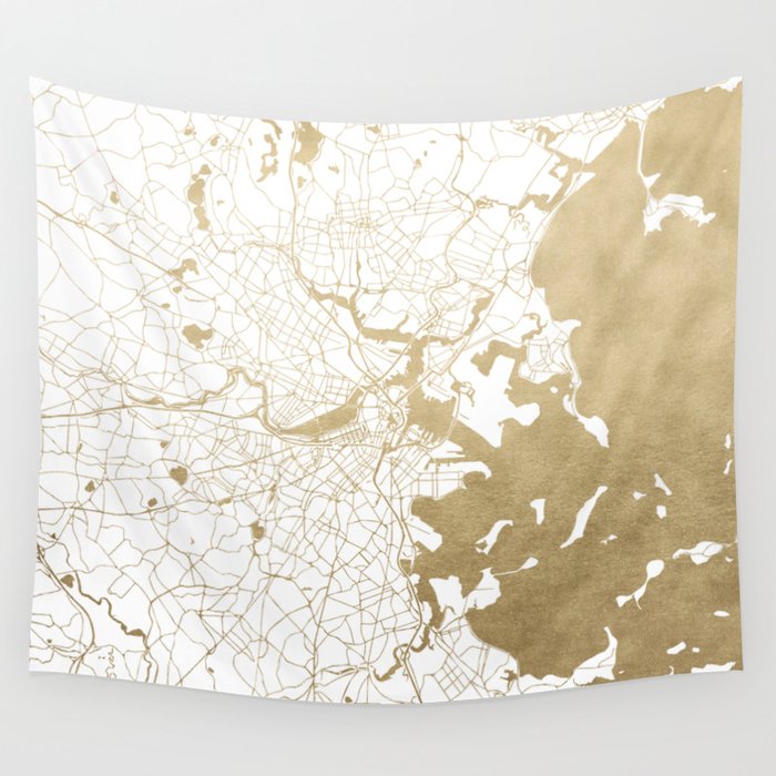 Boston White and Gold Map Wall Tapestry