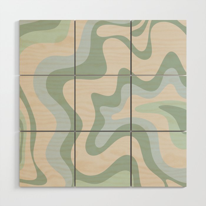 Retro Liquid Swirl Abstract Pattern Celadon Green Baby Blue Beige Wood Wall Art