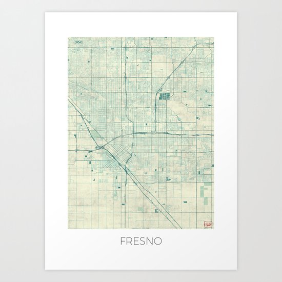 Fresno Map Blue Vintage Art Print