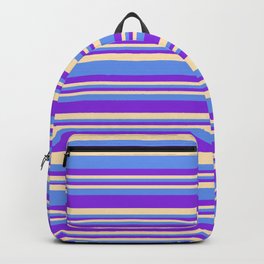 [ Thumbnail: Purple, Beige, and Cornflower Blue Colored Striped/Lined Pattern Backpack ]