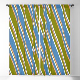 [ Thumbnail: Light Salmon, Green, White, and Blue Colored Striped Pattern Blackout Curtain ]