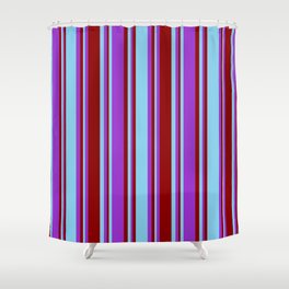[ Thumbnail: Sky Blue, Dark Orchid, and Dark Red Colored Pattern of Stripes Shower Curtain ]