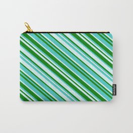 [ Thumbnail: Green, Turquoise & Light Cyan Colored Lined/Striped Pattern Carry-All Pouch ]