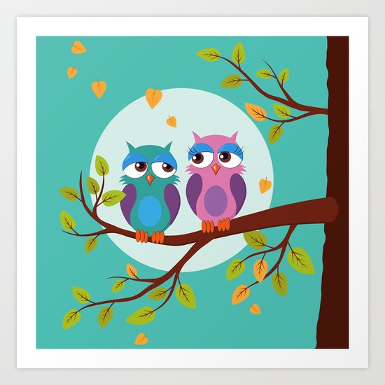 Sleepy owls in love Art Print