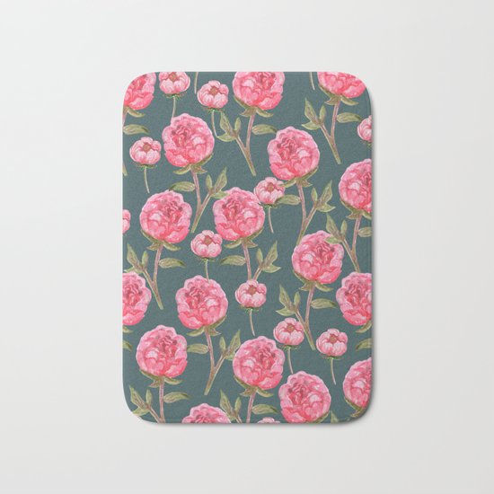 Pink Peonies On Green Background Bath Mat
