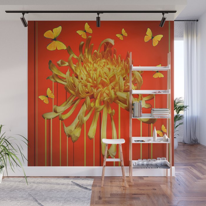 SURREAL YELLOW SPIDER MUM & BUTTERFLIES ORANGE ART Wall Mural