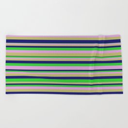 [ Thumbnail: Plum, Dark Khaki, Midnight Blue, and Lime Green Colored Lines/Stripes Pattern Beach Towel ]