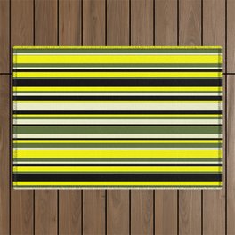 [ Thumbnail: Yellow, Dark Olive Green, Light Yellow, and Black Colored Lines Pattern Outdoor Rug ]